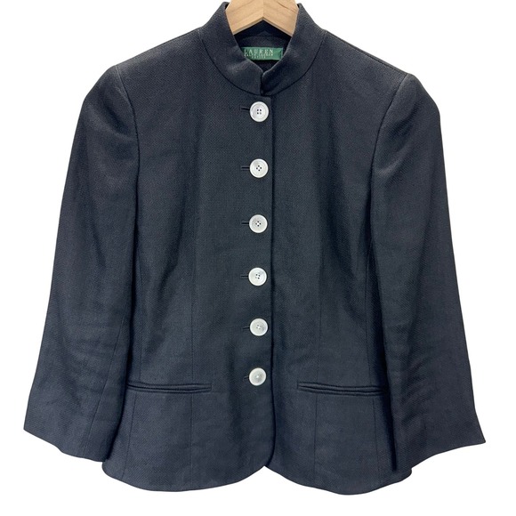 Lauren Ralph Lauren Jackets & Blazers - Lauren Ralph Lauren Womens Size 6P Linen Blazer Jacket Black Mandarin Collar